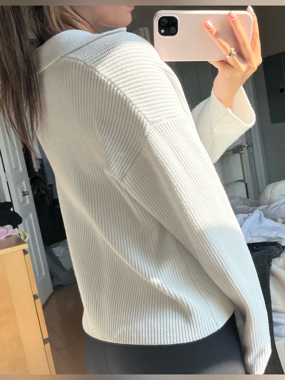 Mango Ribbed V-Neck Collared Sweater - White - Picture 2 of 4